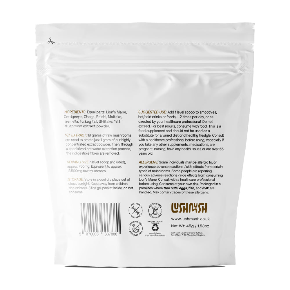 elev8 superblend mushroom extract powder packaging back