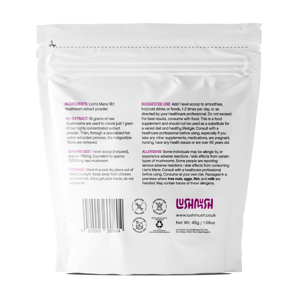 lion's mane mushroom extract powder packaging back